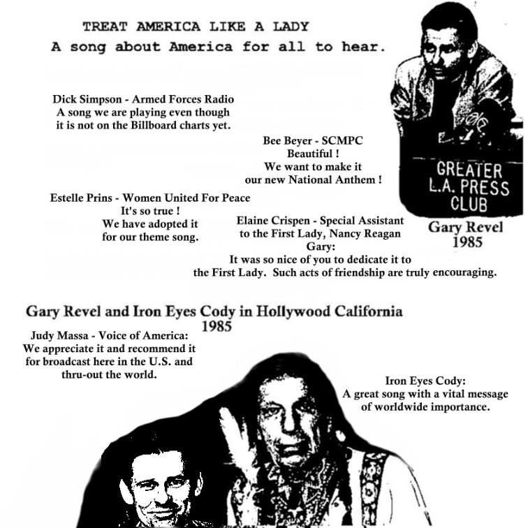 Pictures of Gary Revel and Iron Eyes Cody with information on the Song